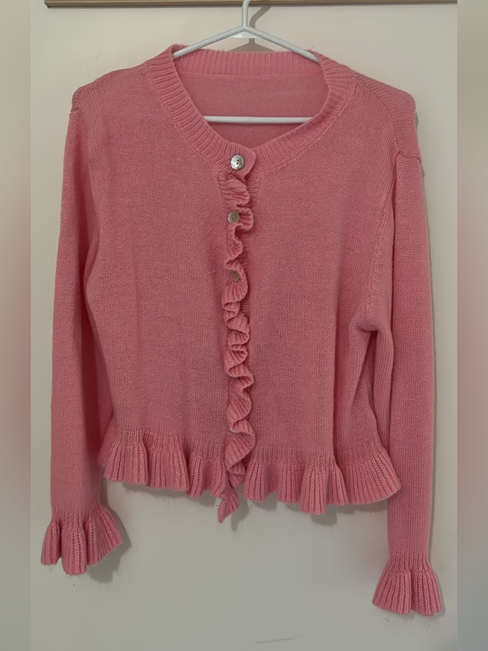 SHEIN Pink Ruffle-Front Knit Cardigan